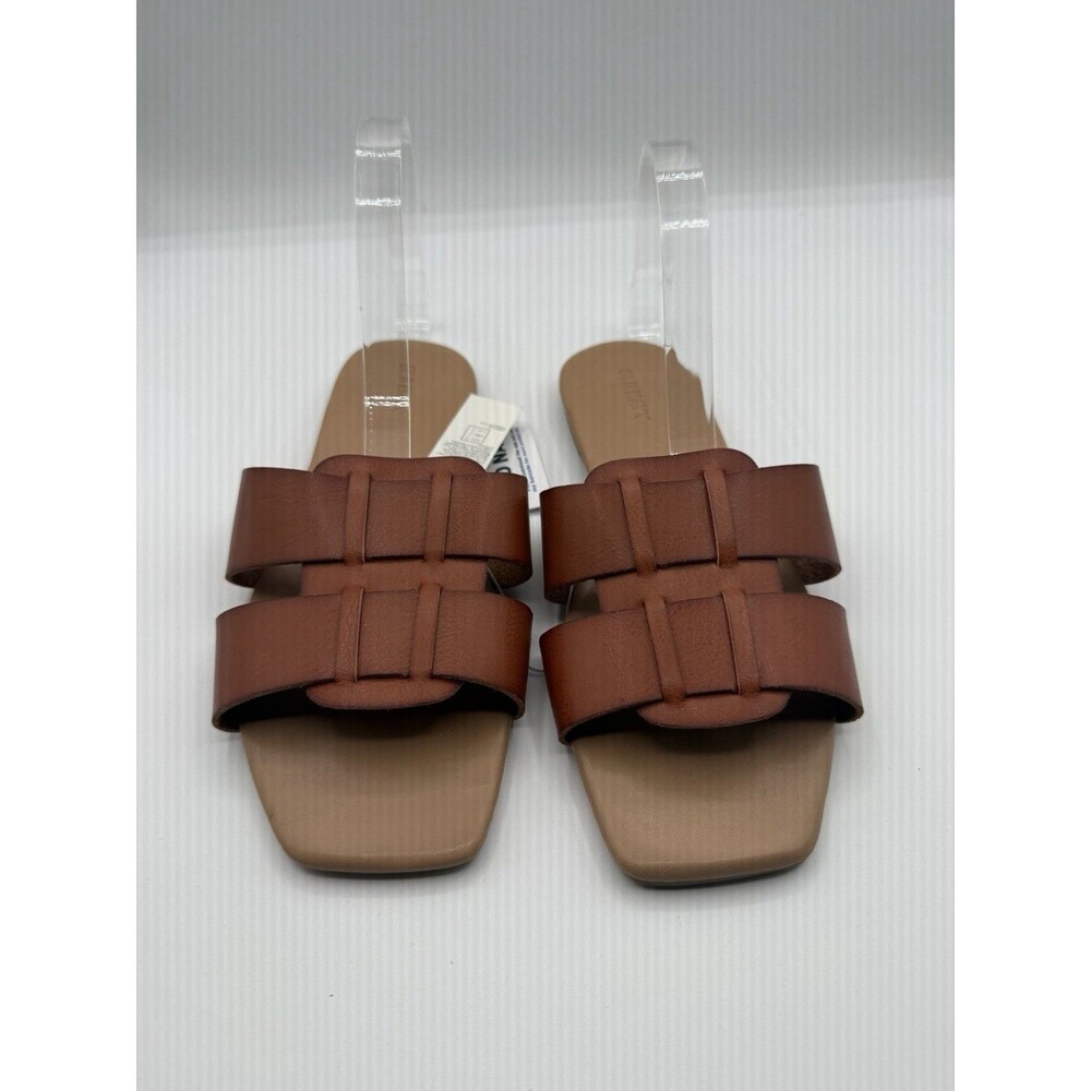 Old Navy Slide Sandals Women Brown Faux Leather Vacay Resort Preppy Size 9 NWT